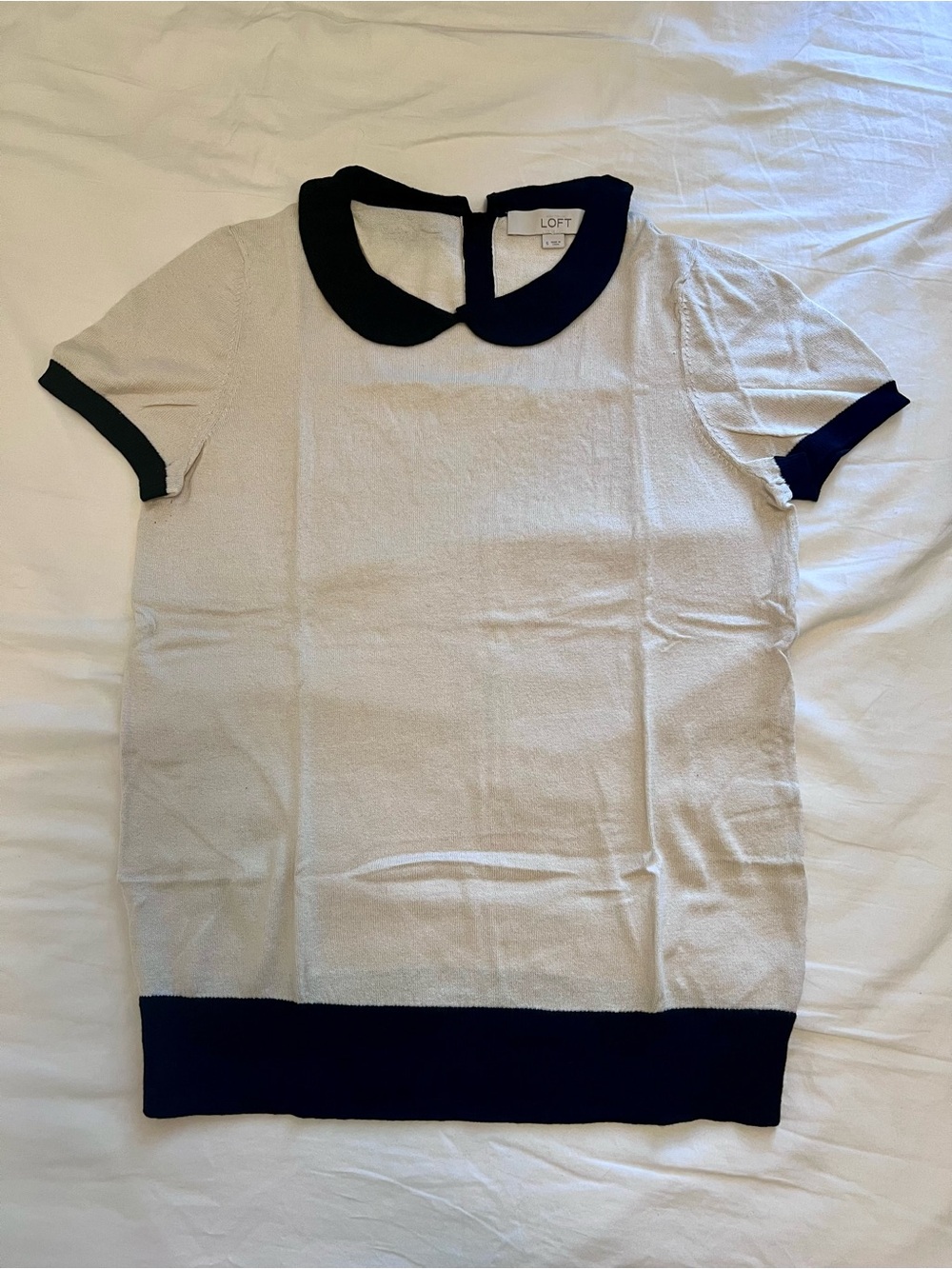 LOFT Cream short sleeve sweater with Black Peter Pan Collar and Trim